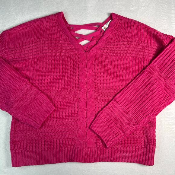 FCT With Love Hot Pink V-Neck Sweater with Lace-Up Back Size Medium - Picture 4 of 9